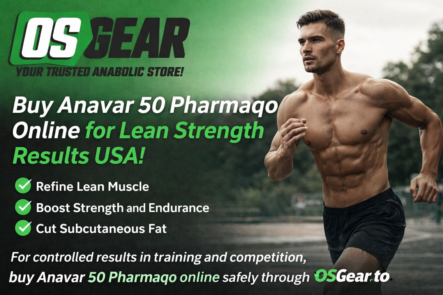 Buy Anavar 50 Pharmaqo online banner showing a lean, muscular male athlete running outdoors, promoting Oxandrolone for lean strength, endurance, and fat reduction via OSGear.to.