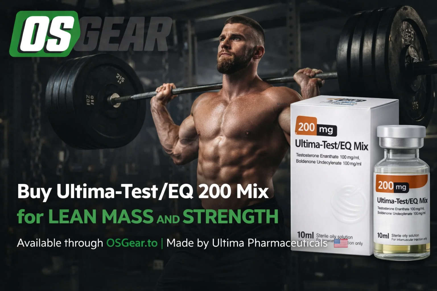 Buy Ultima-Test/EQ 200 Mix promotional image showing a muscular athlete performing a barbell squat in a gym, alongside the Ultima-Test/EQ 200 Mix vial and box, highlighting Testosterone Enanthate and Boldenone Undecylenate for lean mass and strength, available via OSGear.to.