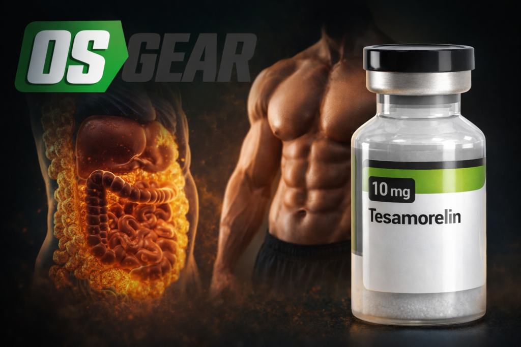 Ultima-Tesamorelin 10mg for Sale online showing peptide vial, lean muscular physique and visceral fat reduction concept for bodybuilding cutting and recomposition.